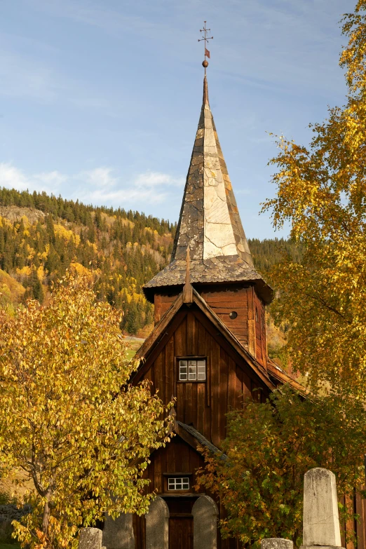 a small church steeple surrounded by trees with fall foliage