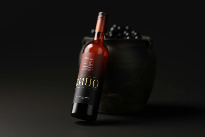 bottle of red wine sitting on the floor next to a black pot