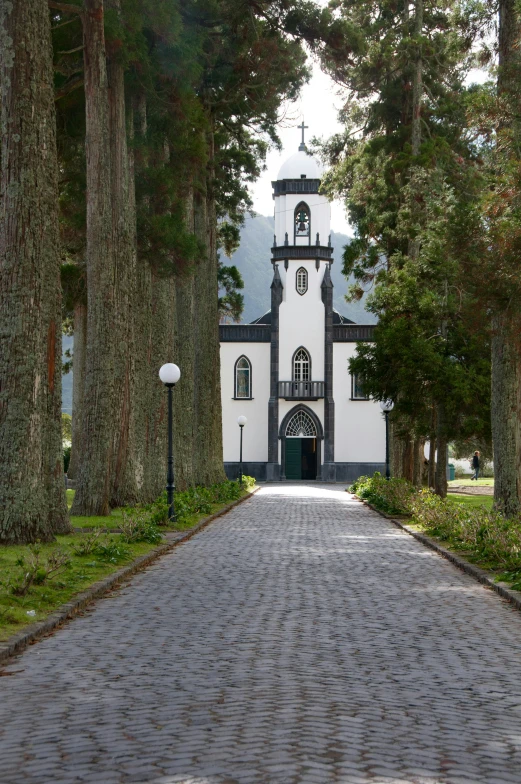 a large white building with a black door and an entrance