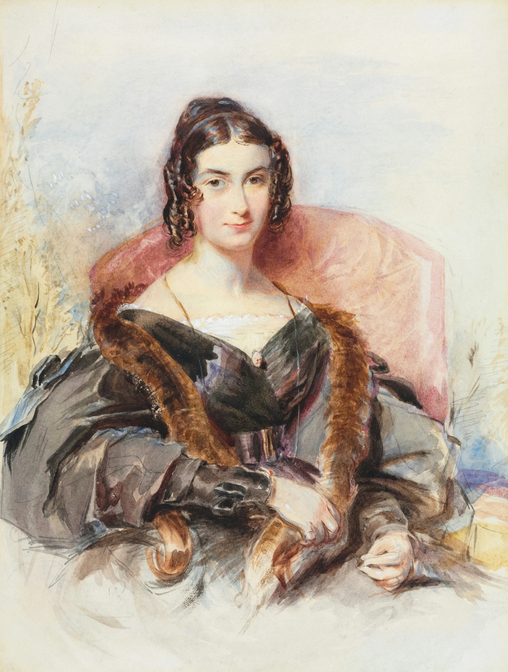 a pastel portrait of a woman sitting in a chair