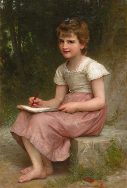 a painting of a girl sitting on a rock writing