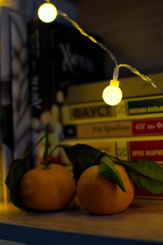 two oranges with leaves, on a shelf with books and lights