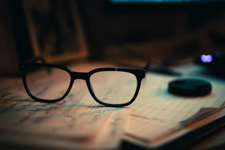 a pair of glasses sitting on top of an open notebook