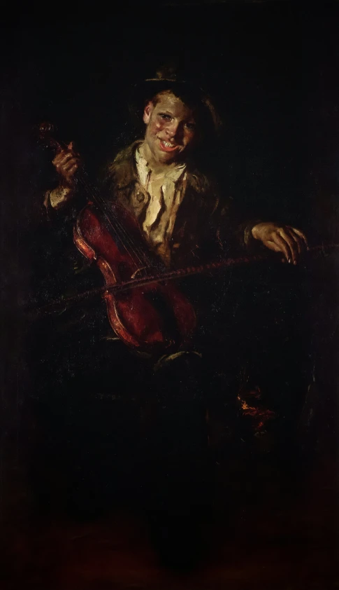 a painting of a man in the dark with his guitar