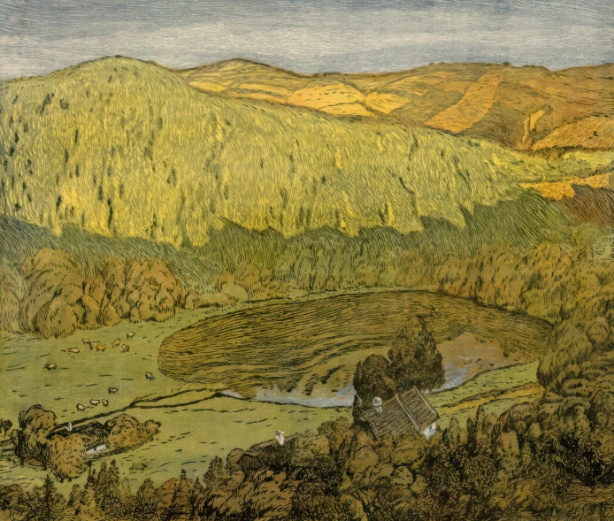 a drawing of a valley is shown in the painting
