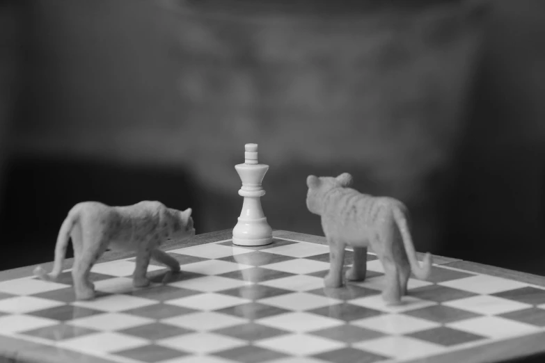 two toy animals on a chess board are facing each other