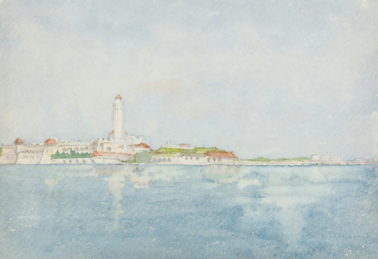 a painting of a lighthouse with a distant tower in the distance