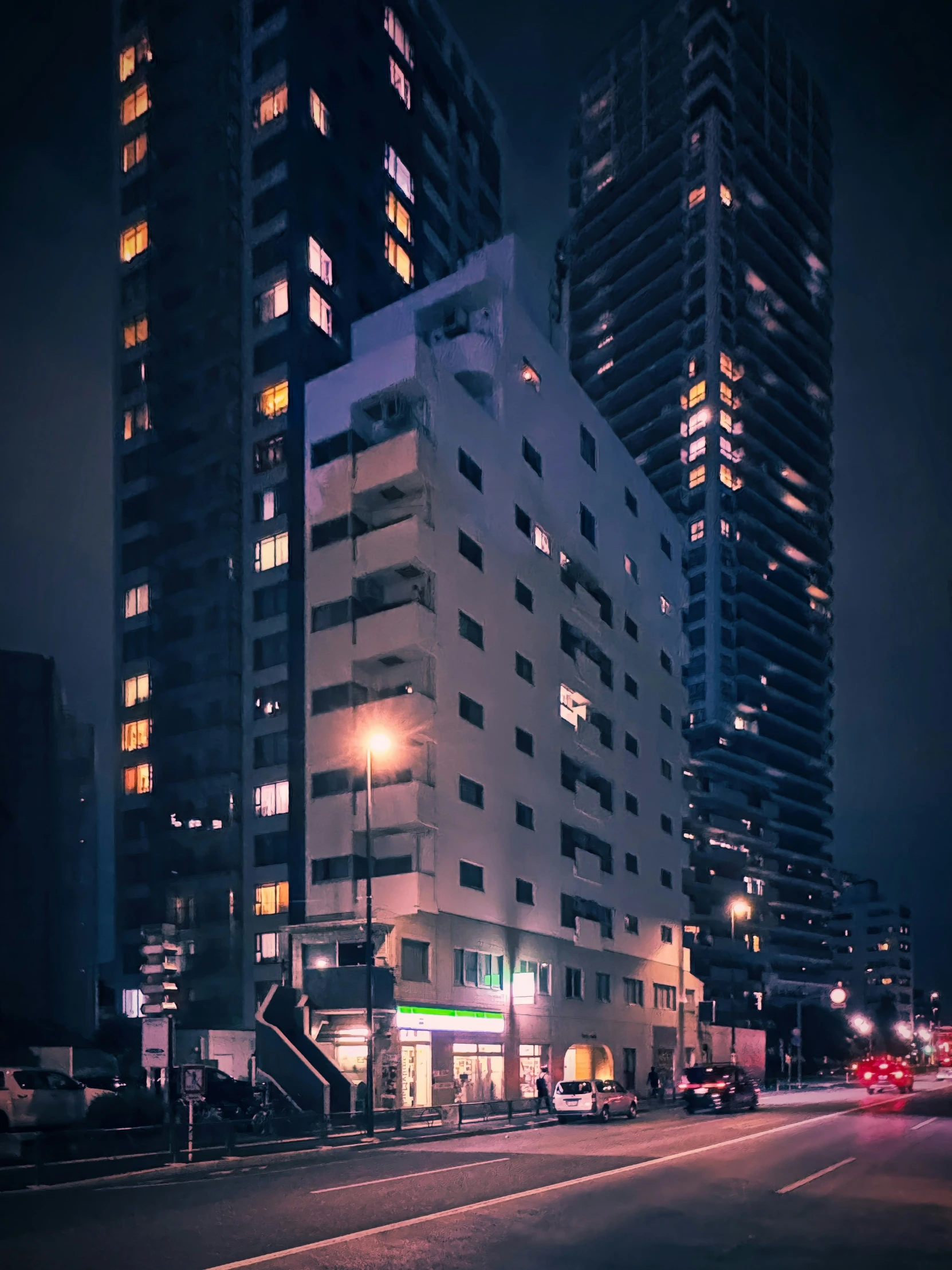 a night scene looking down the street in a city