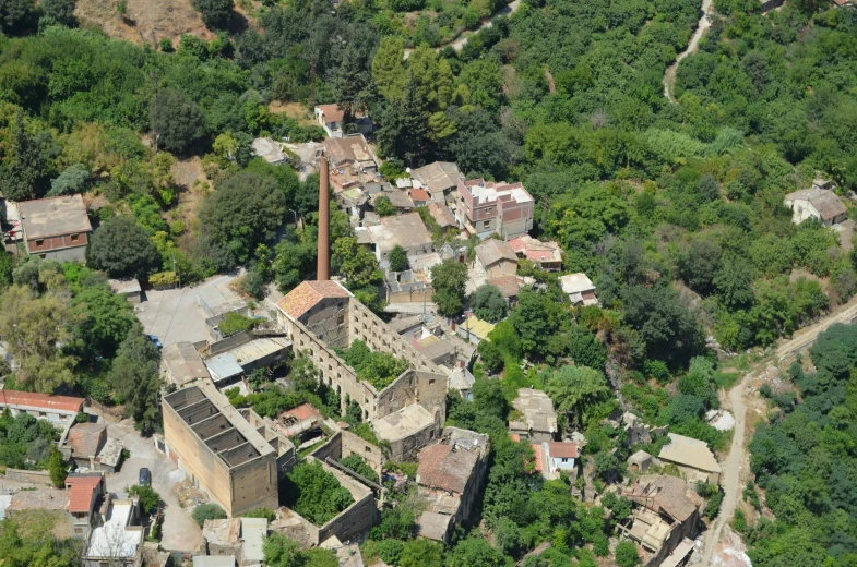 an aerial view of a village nestled in the mountains
