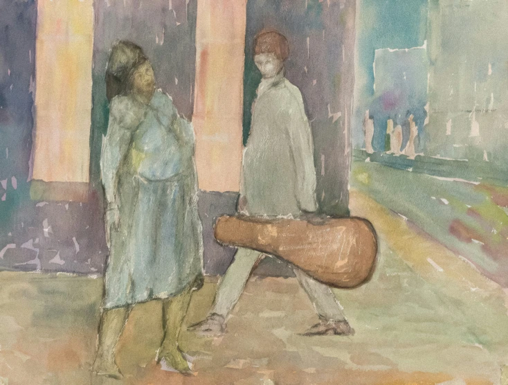 a drawing of people walking and a man carrying a wooden suitcase
