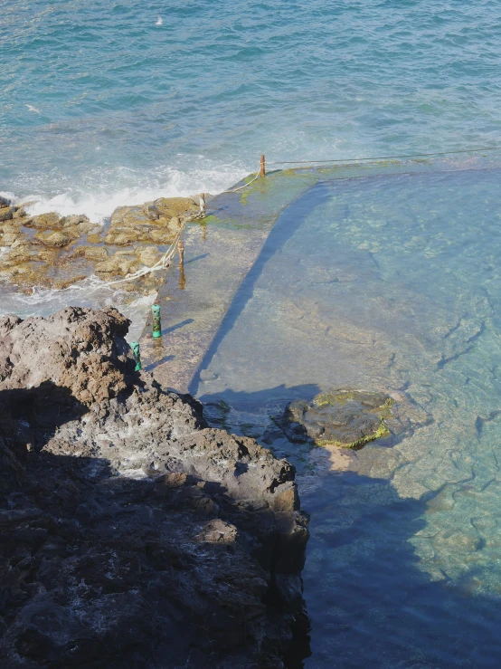 there is an empty water place next to the rocky shore