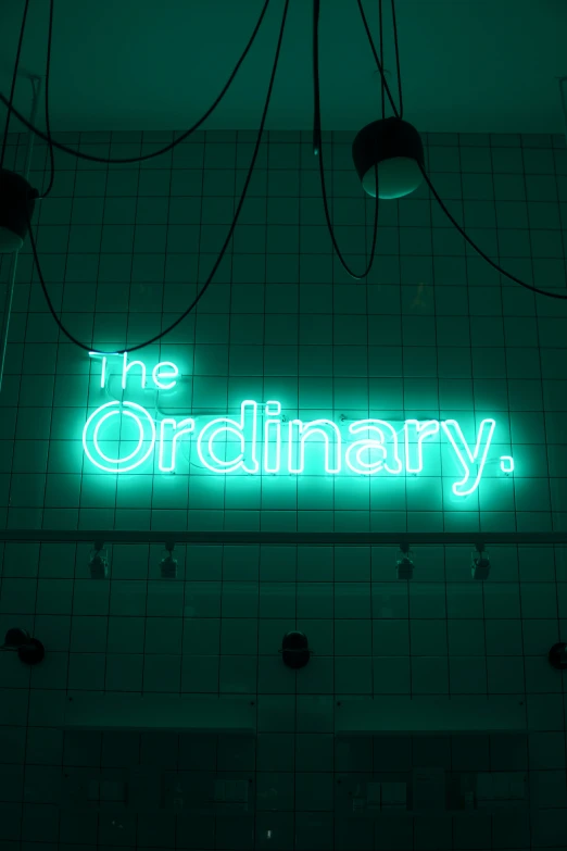 the ordinary neon sign hanging above the tiled wall