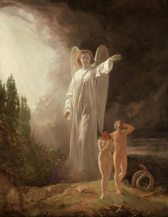 a painting with an angel above a man with two animals