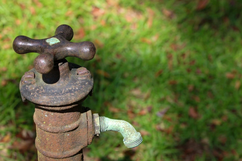 an old pipe and a green sprinkle sitting in the grass