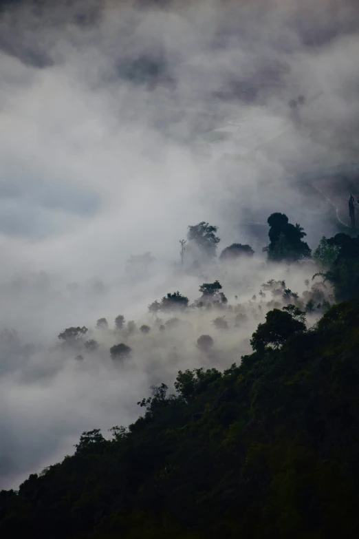 the sky is covered in clouds as trees grow on the side