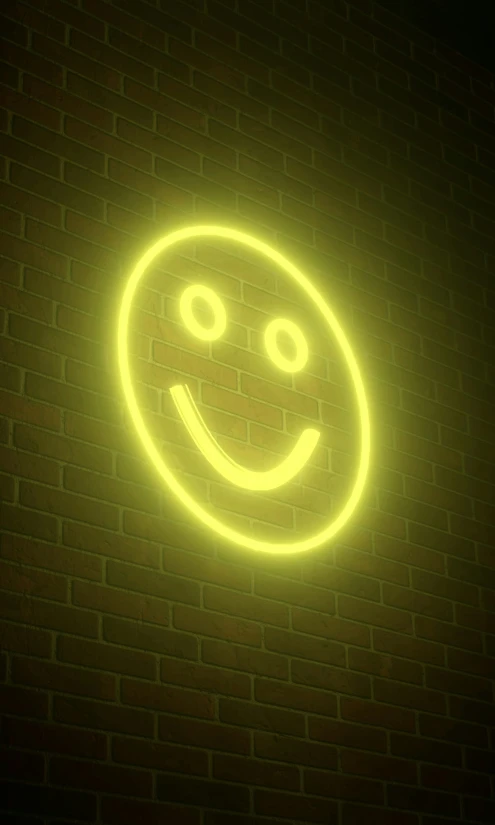 the neon smiley face on the side of a building