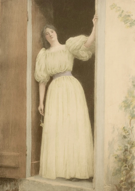 a woman in a white dress is standing outside of a door