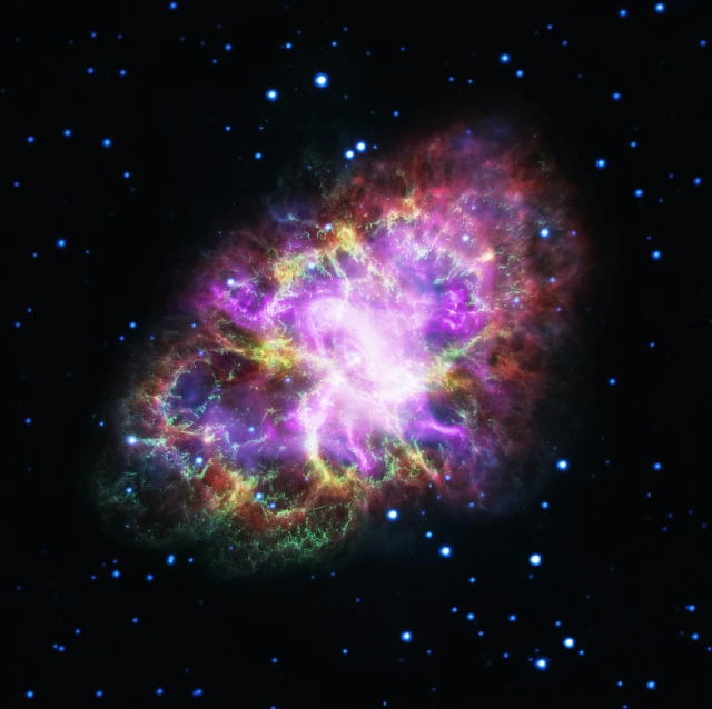 a pink and purple star in space with lots of stars