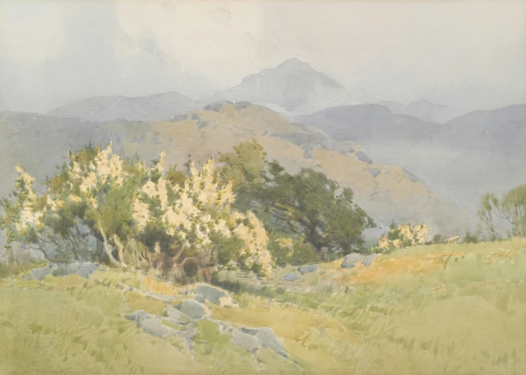 a painting shows yellow flowers and hills