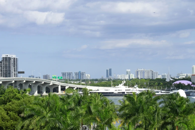 view of boats docked in the water and large city skyline