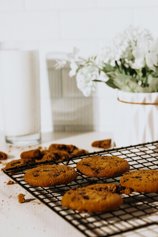 a close up of cookies cooling on a rack