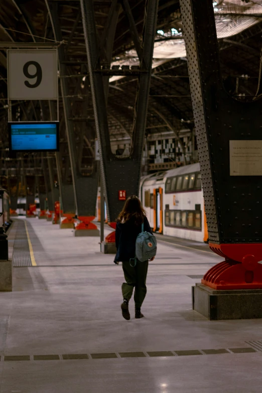 a woman with her back to the camera walking by train