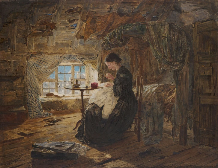 a painting of a woman sitting in a room