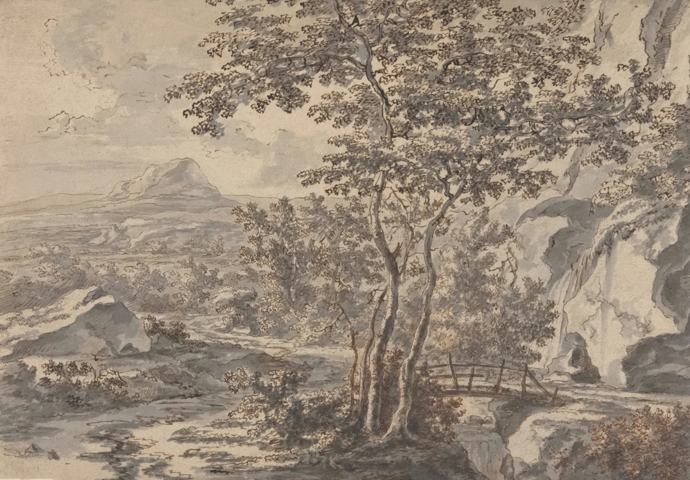 a drawing of a mountain scene by a river