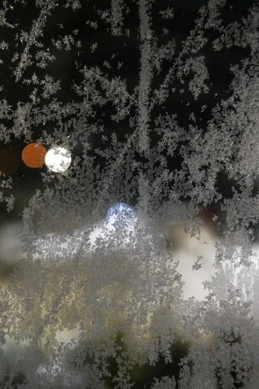 the view out the window of a snowy streetlight