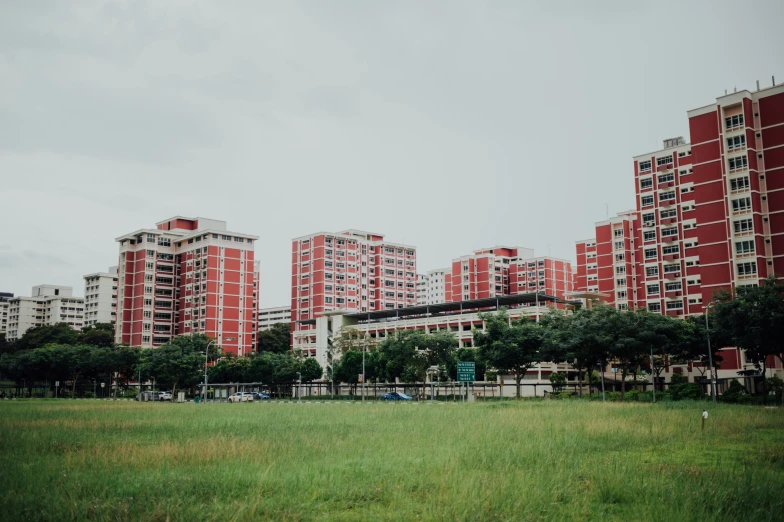 the skyline of a city with many red and white buildings