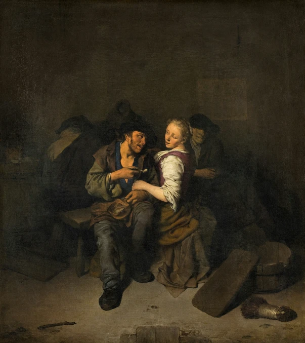 a painting of a young couple sitting on a bench