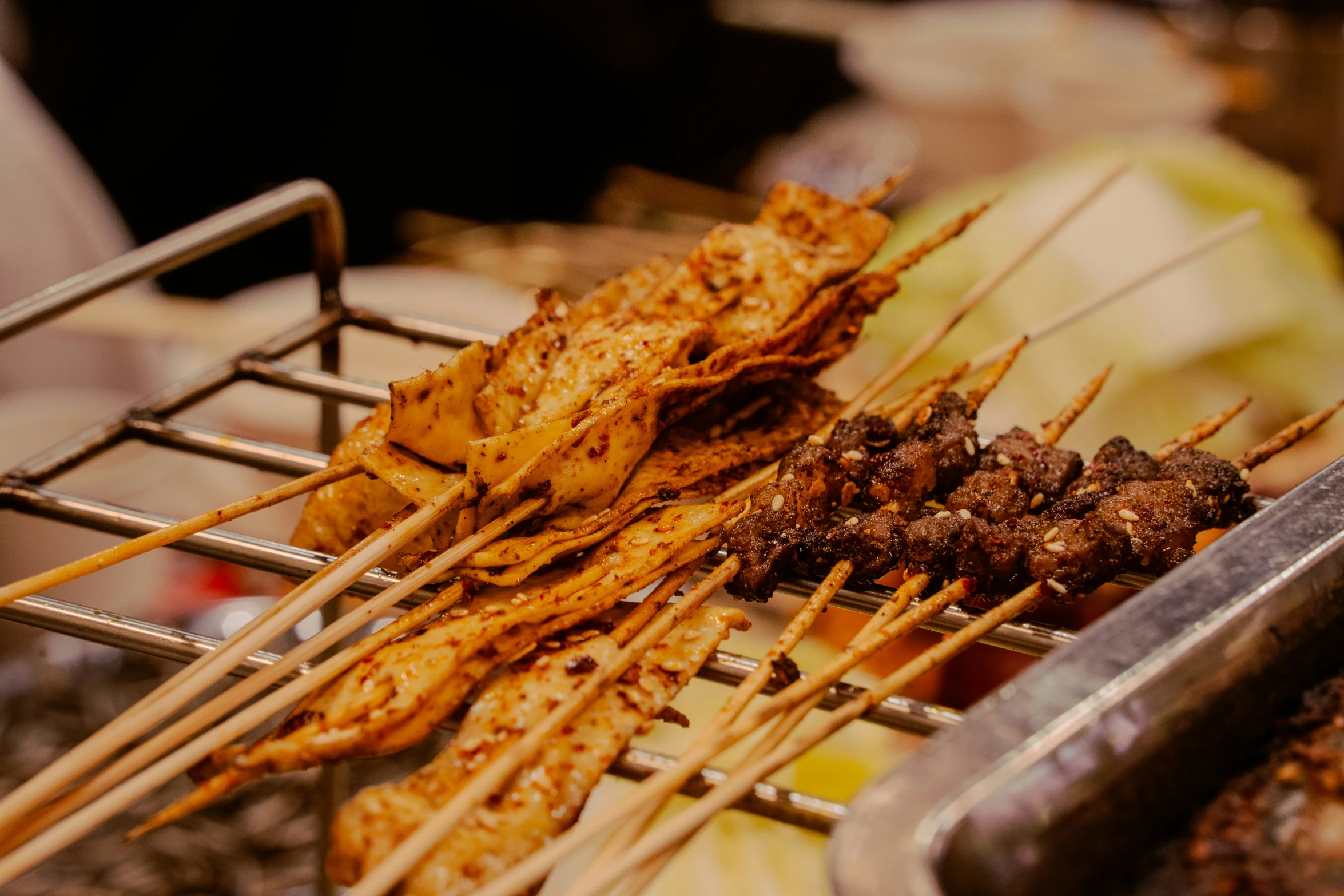 food on skewers outside on an outdoor patio