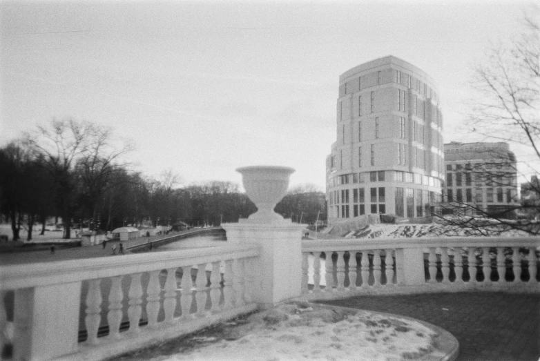 an abstract black and white po of buildings with trees