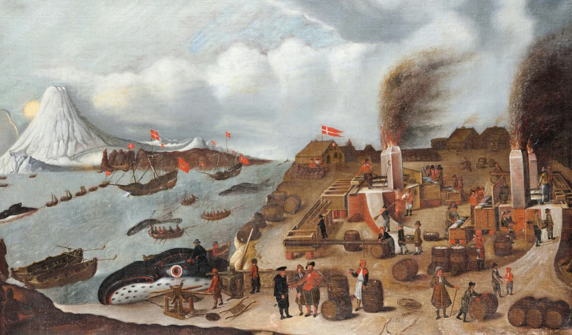 a painting of a military scene with people, ships and tents