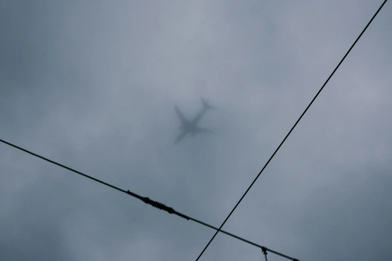 a plane in the air on an overcast day