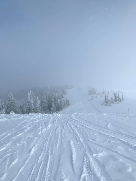 a ski slope with a cross country skier in the snow