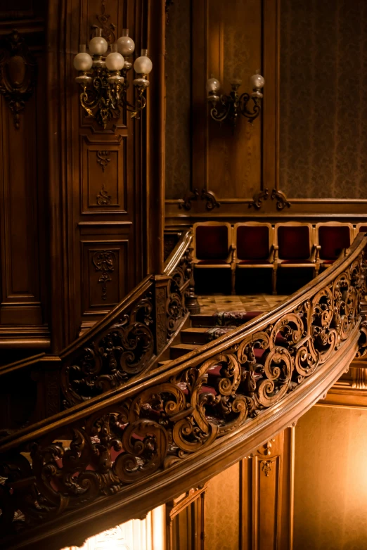 the large railing of a very elegant stair case