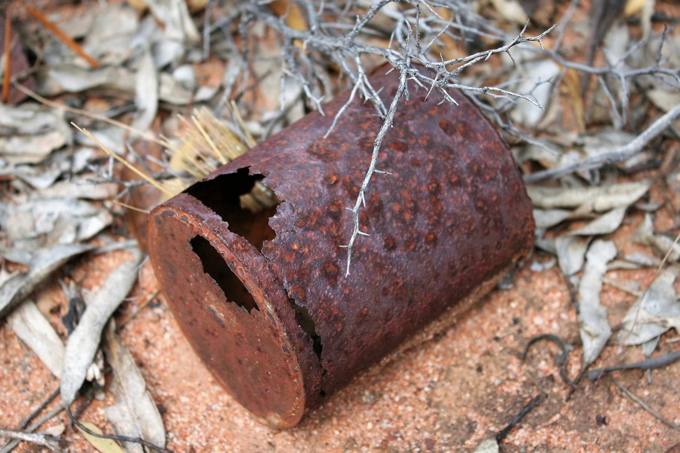 a rusty piece of rusty iron can be seen from the ground