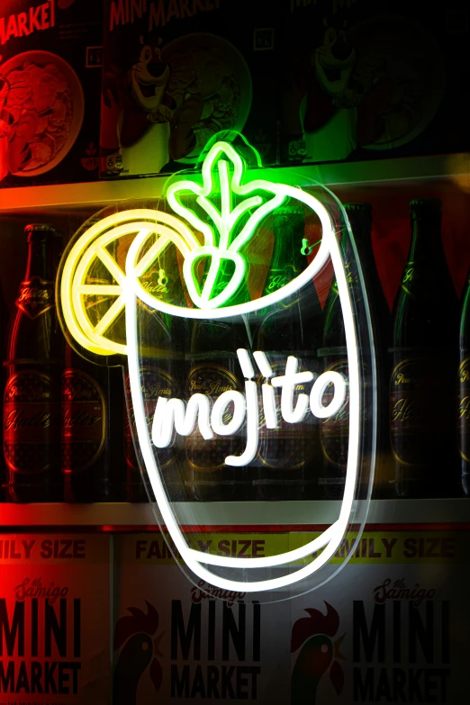 neon signs are mounted on the side of a case