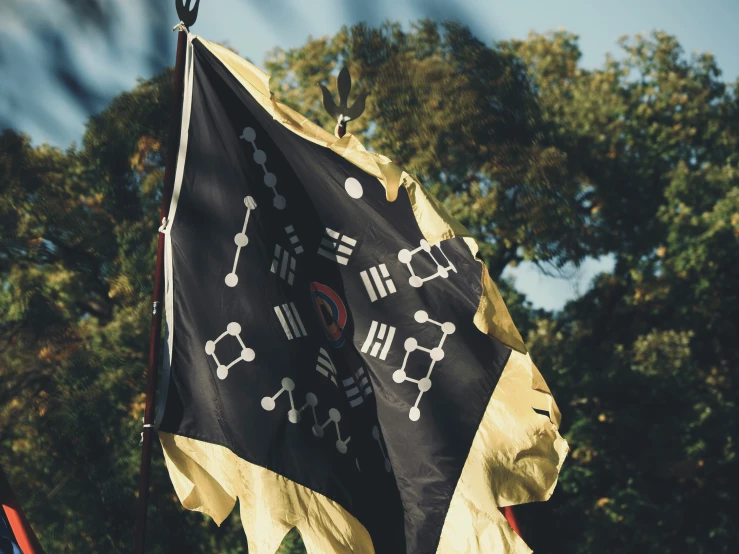 two flags with white and black symbols on them are seen