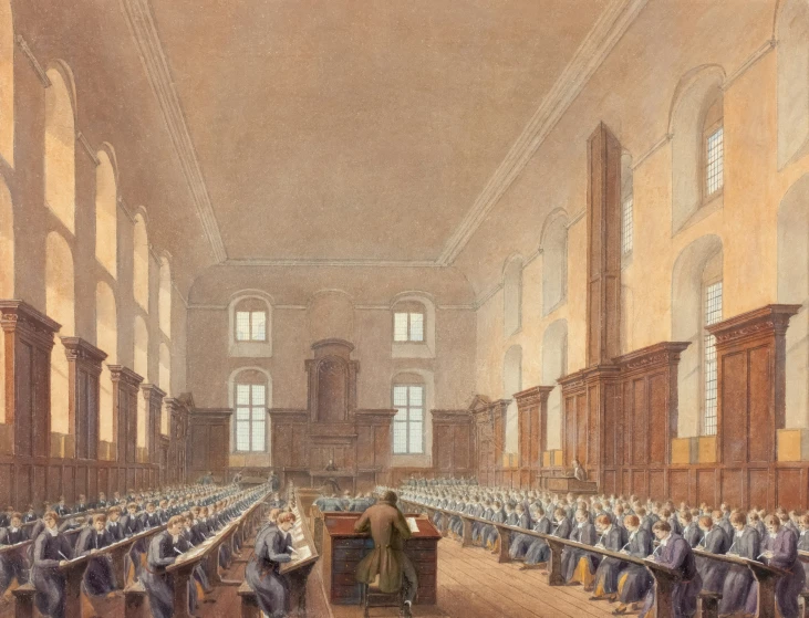 a painting of a courtroom with several men in suits