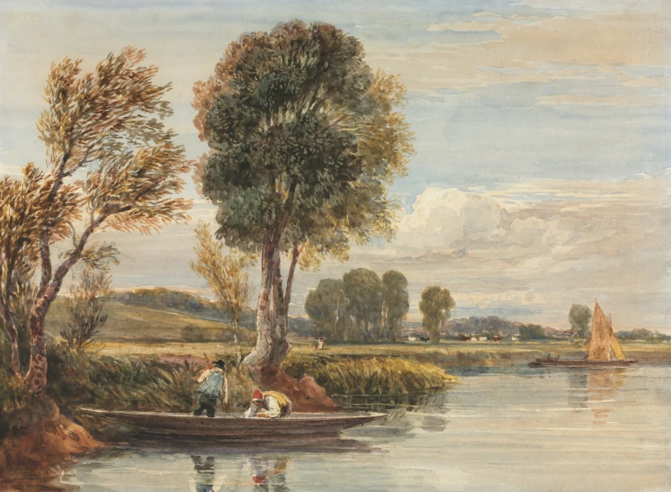 an oil painting of people on a boat