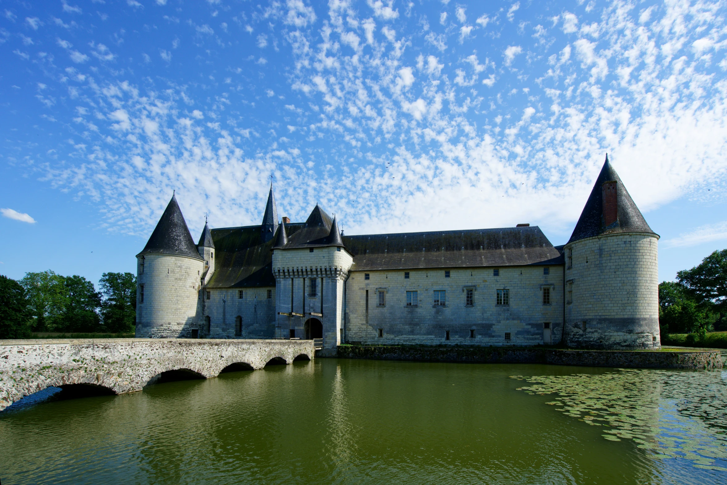 the old castle sits on the water and is surrounded by large buildings