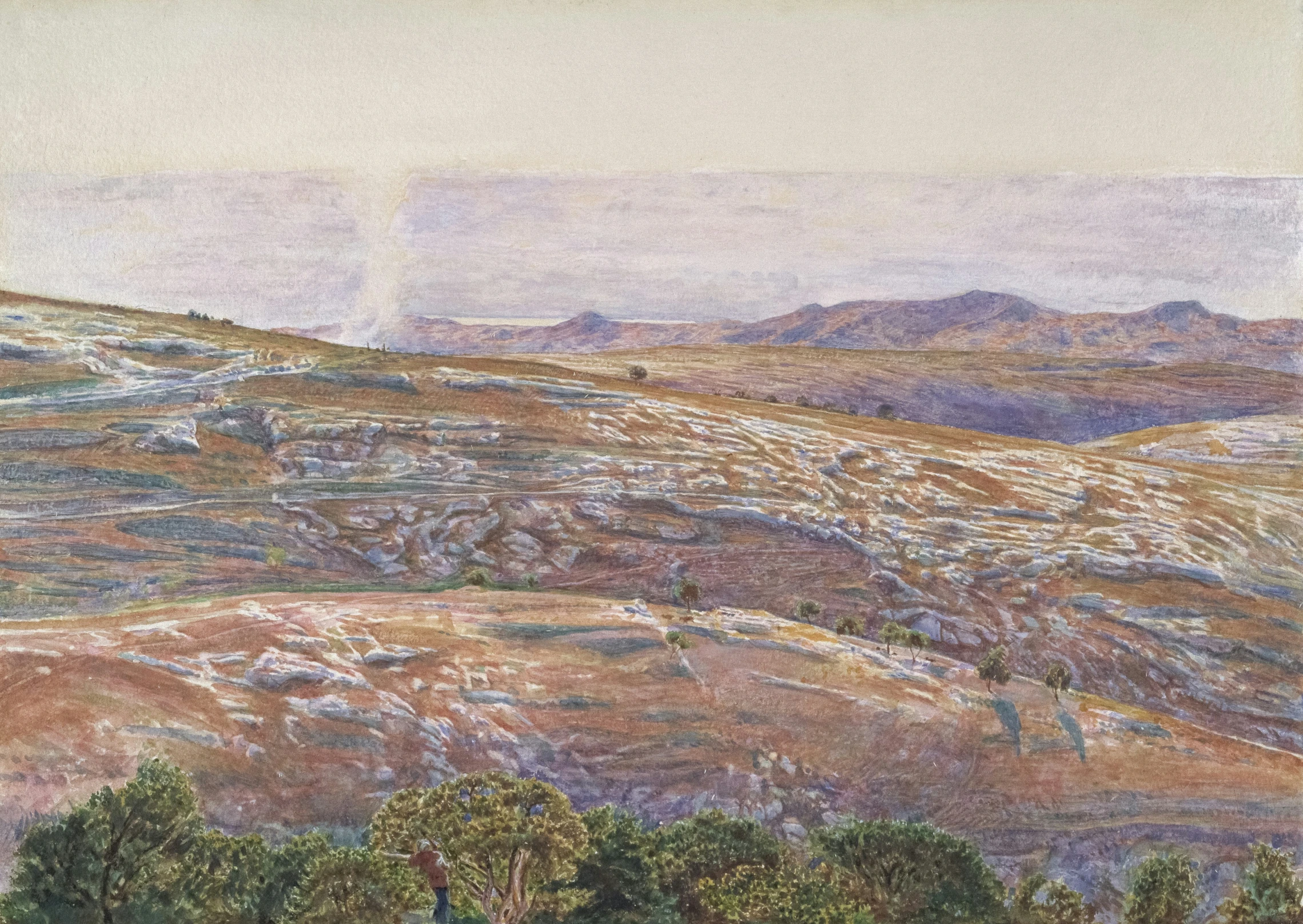 painting of the top of a hill with trees below