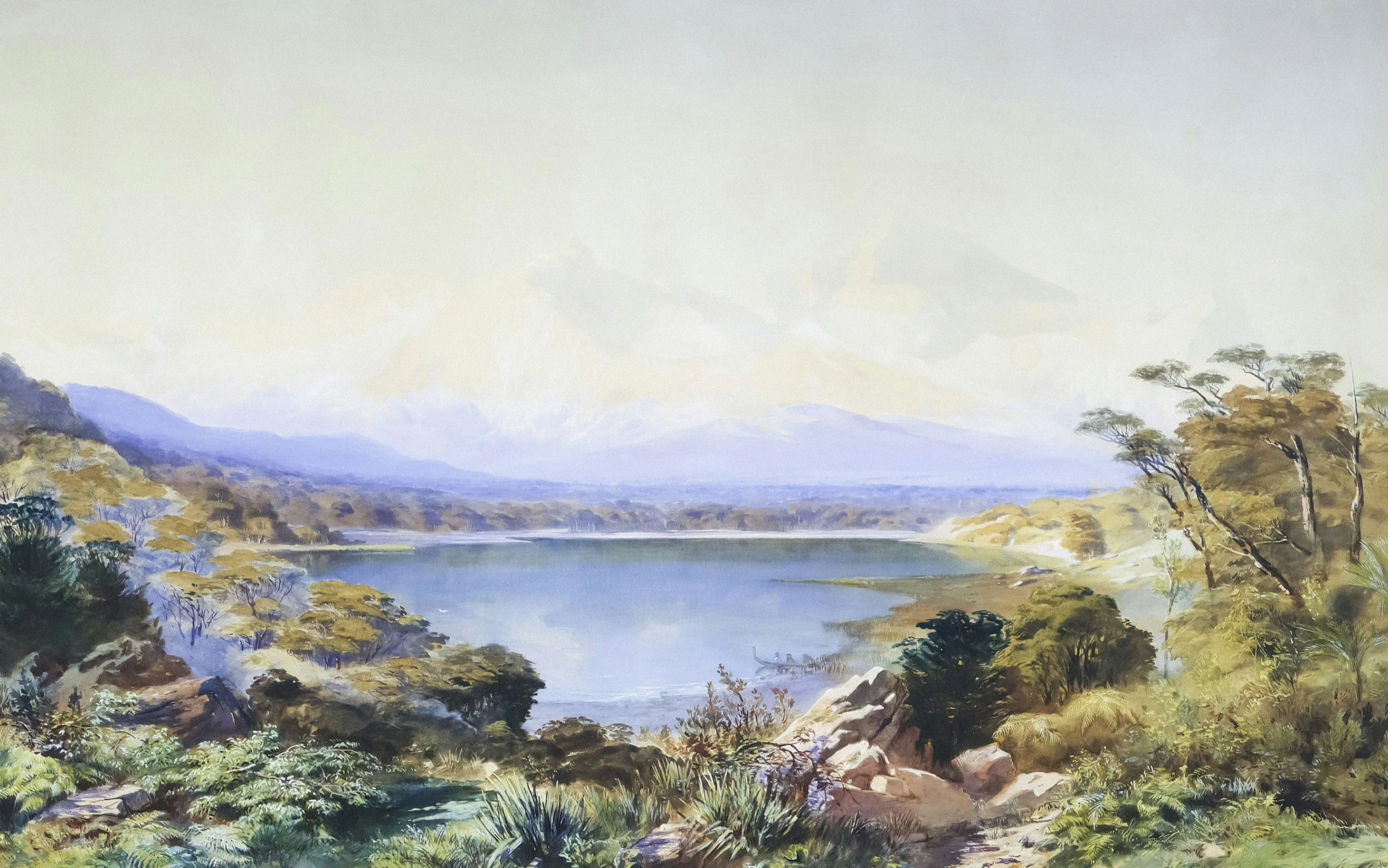 a painting of a lake surrounded by trees