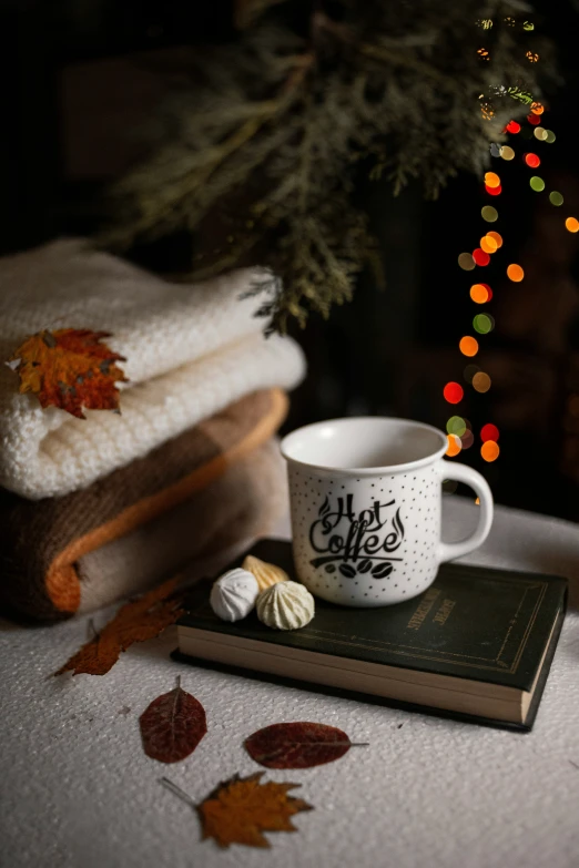 a cup sitting next to a book and two sets of autumn towels