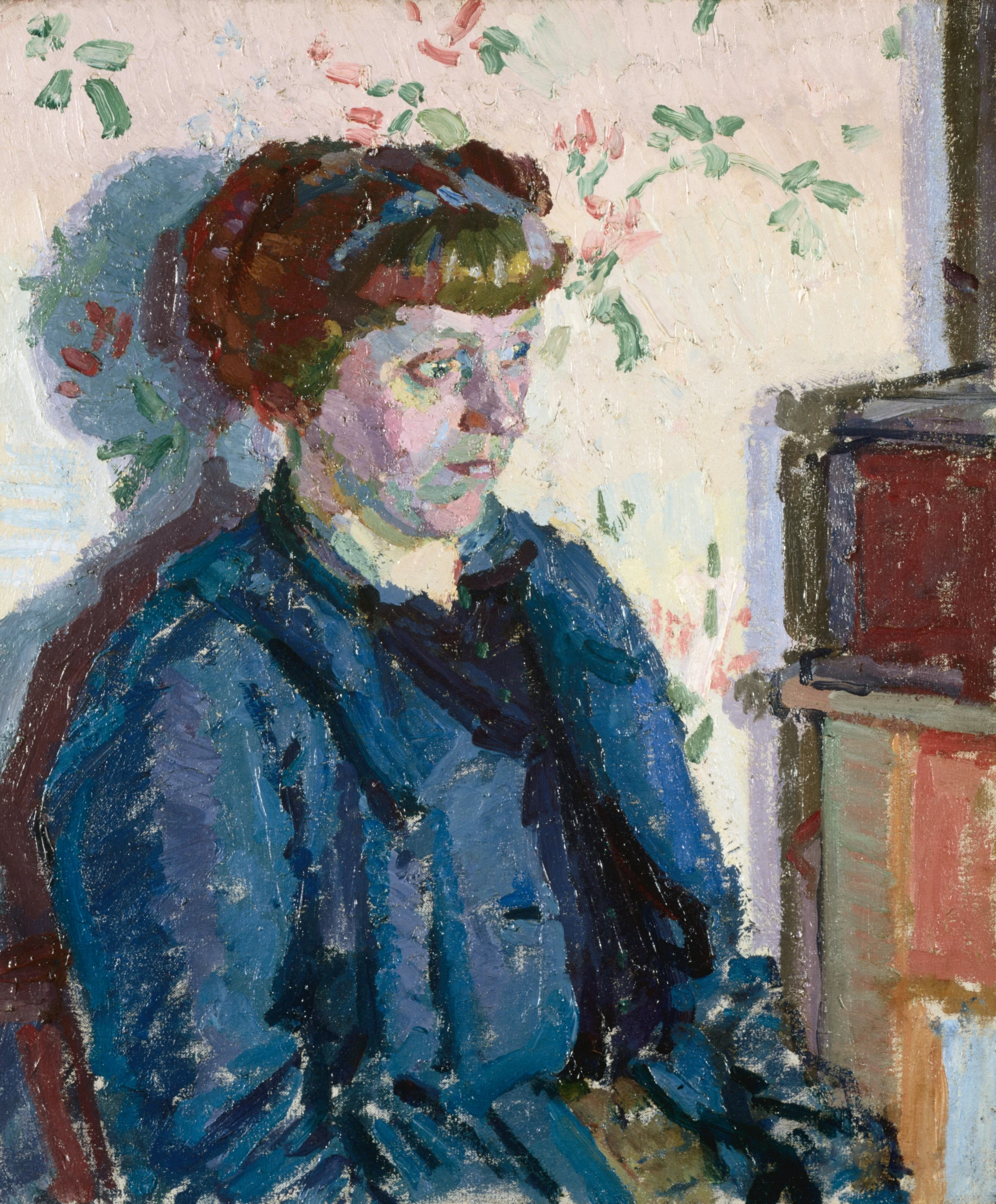 a painting of a woman in a blue jacket is shown