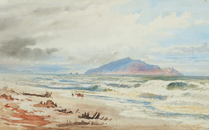 a painting of people on the beach, while someone looks at soing