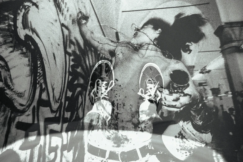 black and white pograph of sneakers next to wall with graffiti on it