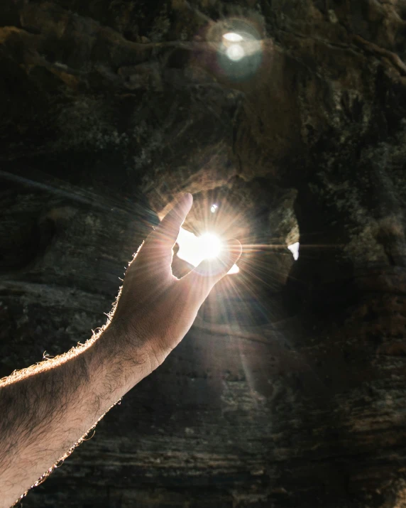 someone holding their hand out with the sun shining behind them